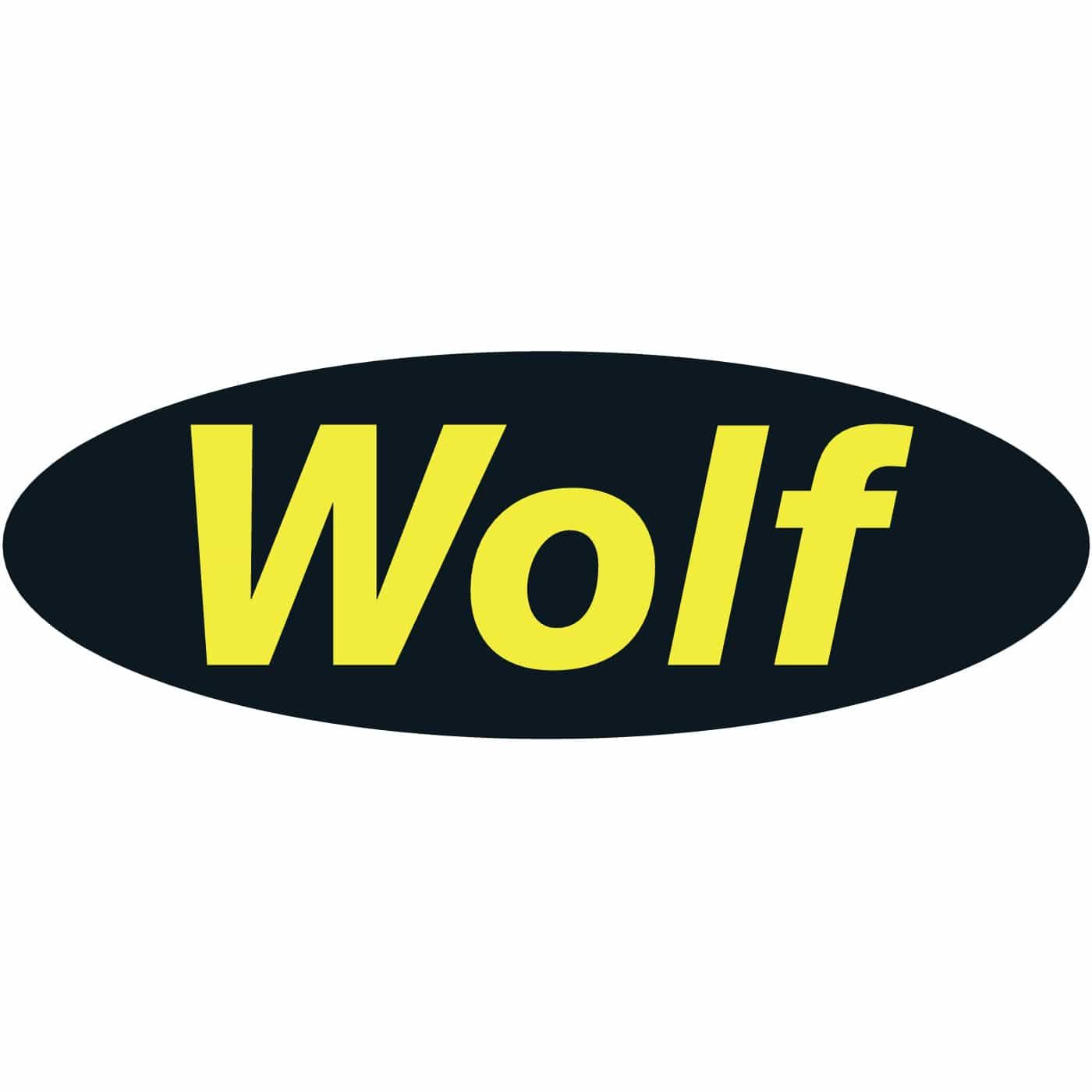 Texte « Loup » jaune dans un ovale noir.
