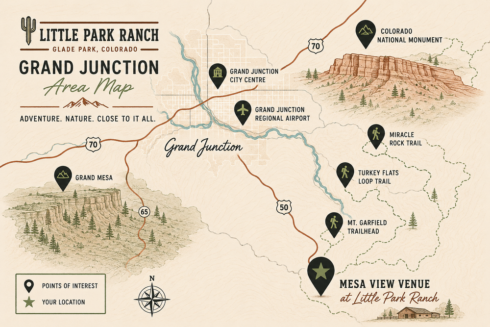 Map of Little Park Ranch Grand Junction with trail markers and Mesa View Venue location.