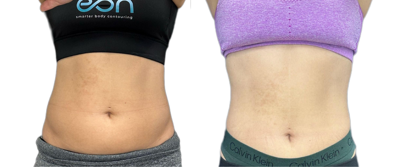 Side-by-side close-up of two toned midsections in black and purple sports bras