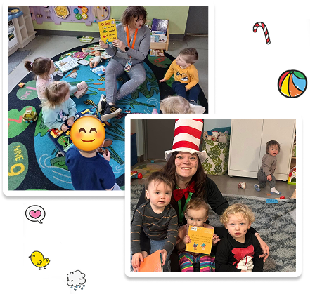 A woman in a cat in the hat is reading a book to a group of children.