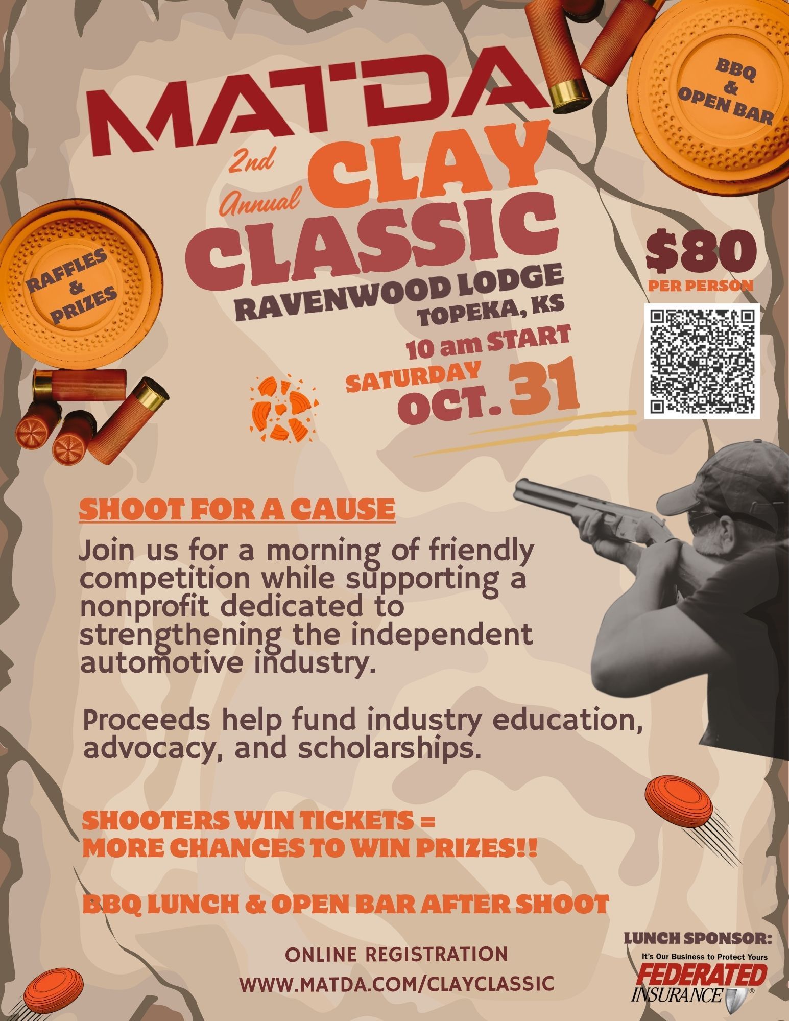 MATDA Clay Classic flyer with orange targets, a shooter silhouette, and event details for Nov. 3 in Ravenwood Lodge