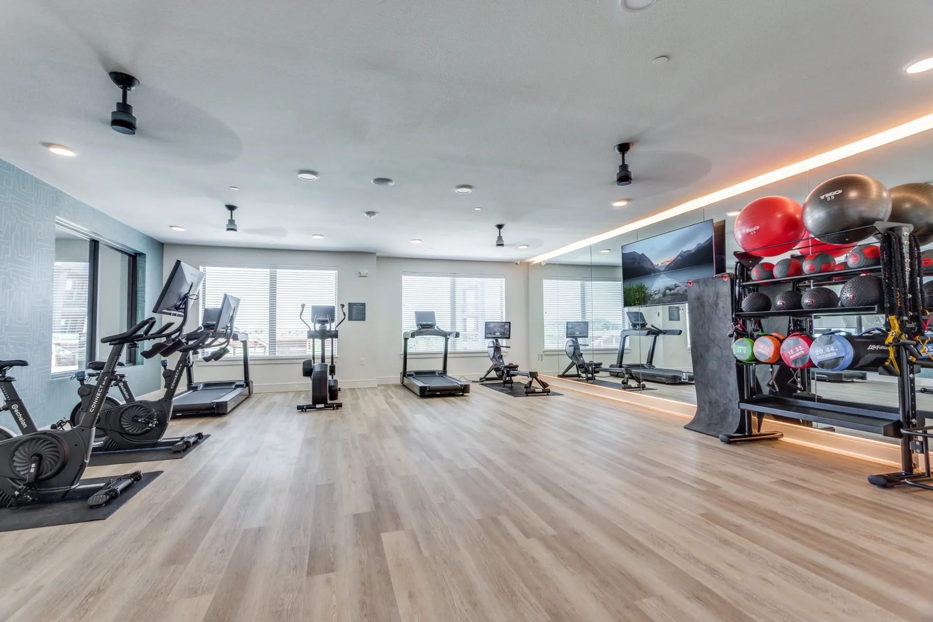 Bright modern gym with cardio machines, weight equipment, and light wood flooring.