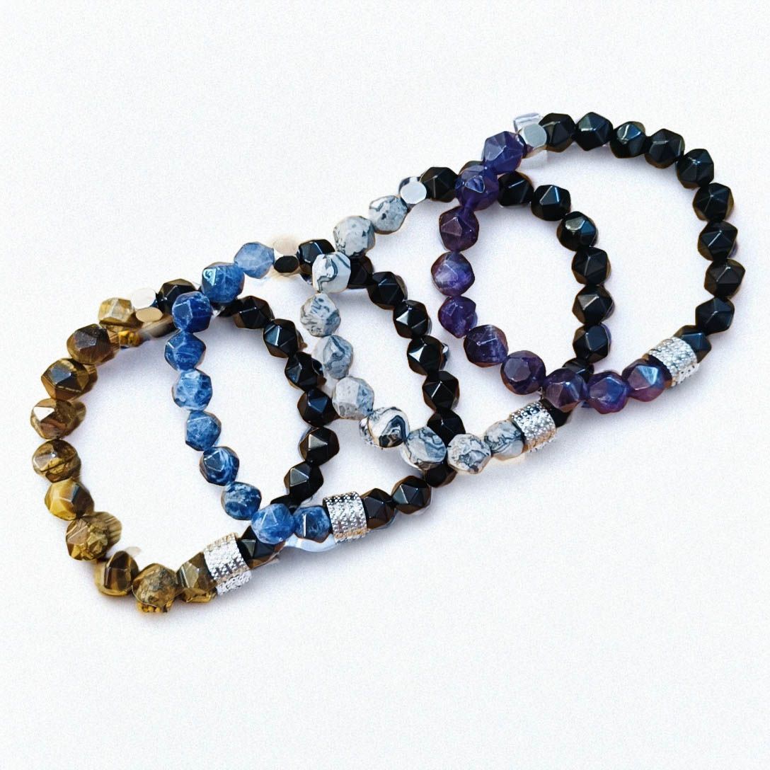 不鏽鋼黑曜石手環 10mm水晶玉石手鍊 紫水晶 藍紋石 地圖石 虎眼石 黑曜石 男生手鍊 能量手飾