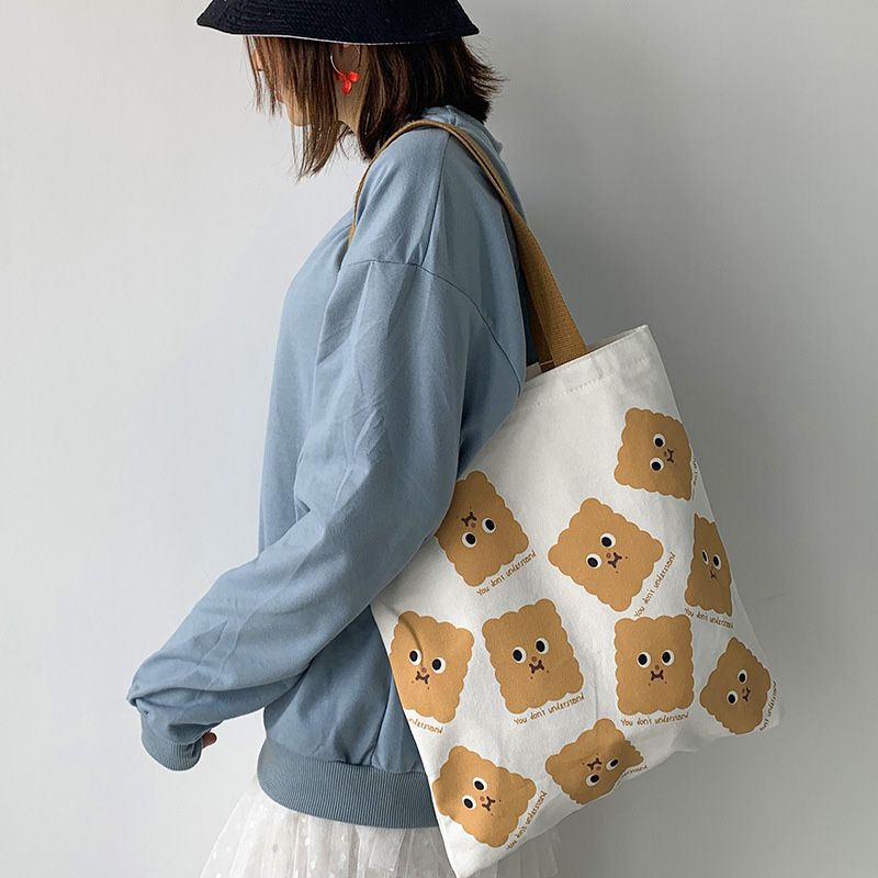 日系餅乾可愛帆布袋單肩包 帆布袋 可愛帆布包 帆布包 單肩包 拉鍊購物袋 收納包