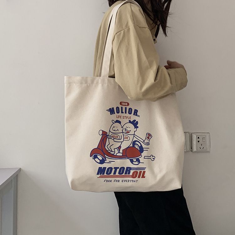 日系騎車雙載可愛帆布袋單肩包 帆布袋 可愛帆布包 帆布包 單肩包 拉鍊購物袋 收納包