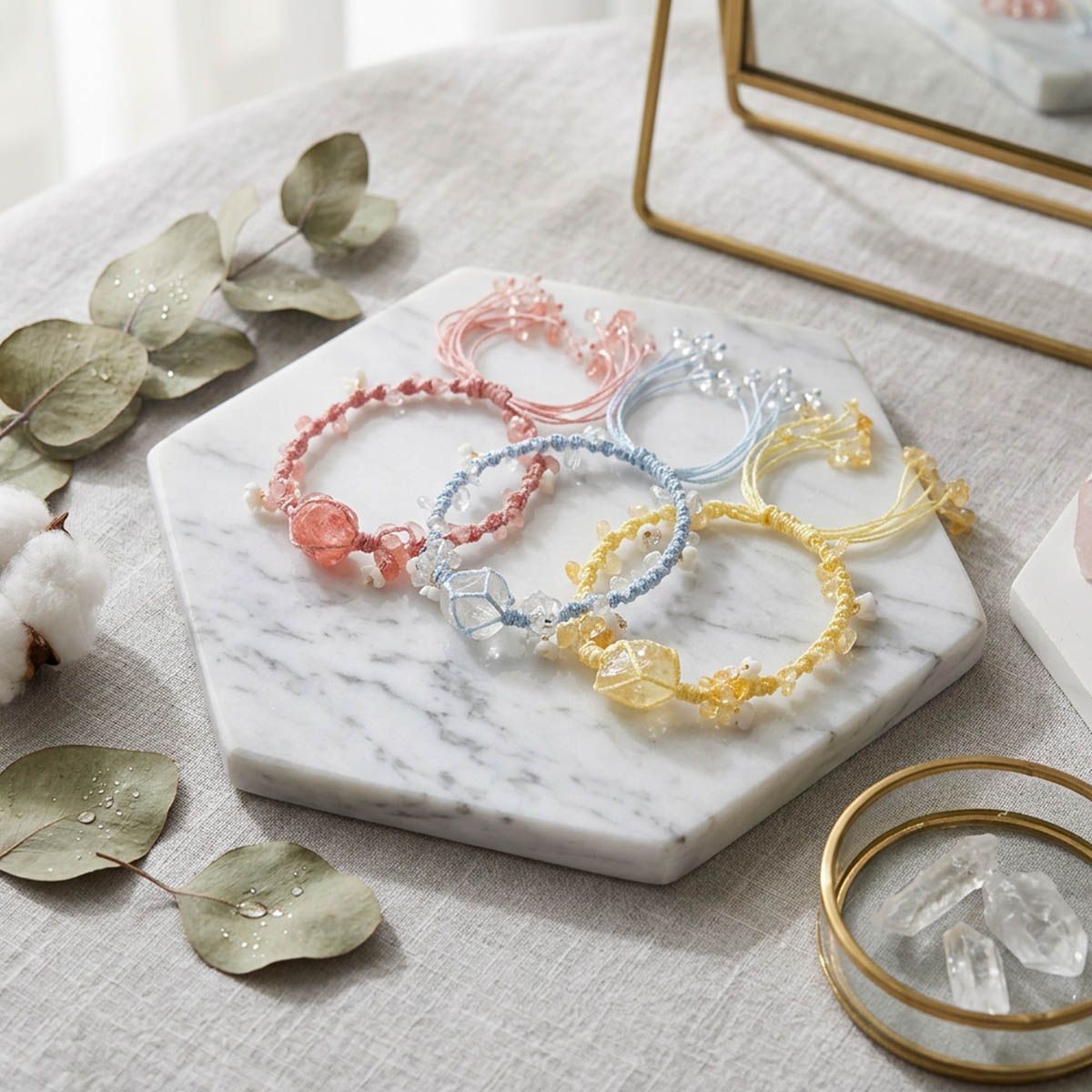 手工水晶編織手環 黃水晶 草莓晶 白水晶 能量手鍊 招財 愛情運 人緣提升 自信開運飾品