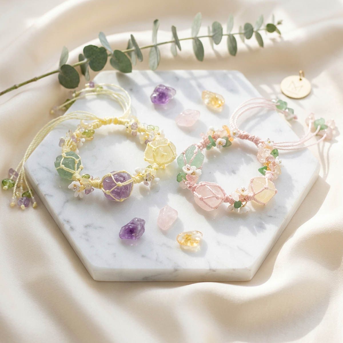 手工編織水晶手環 招財開運能量手鍊 粉水晶黃水晶紫水晶
