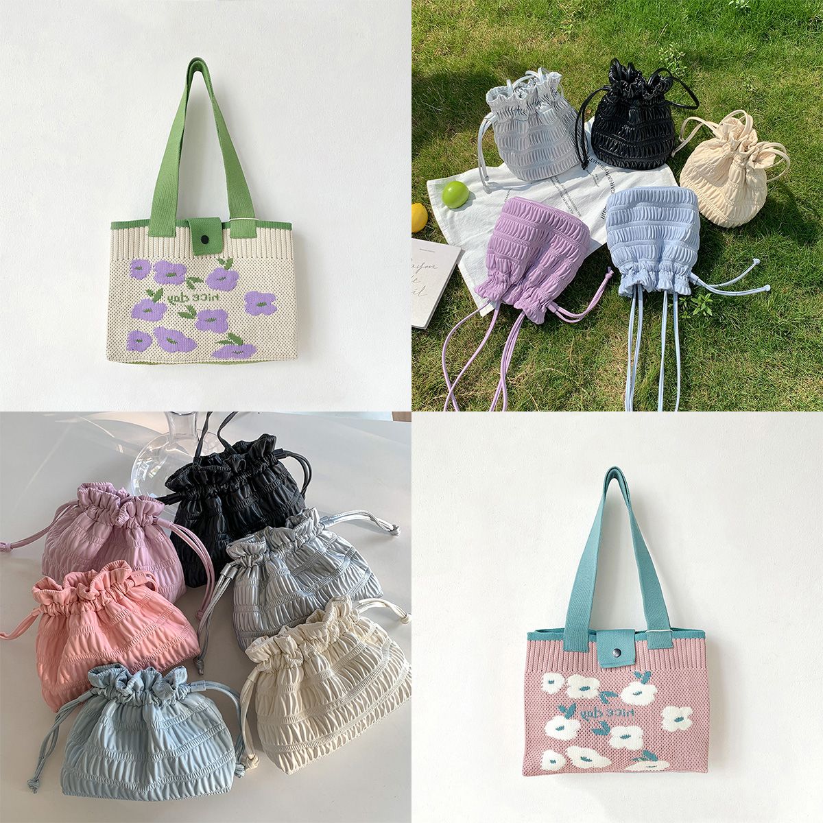 水桶手拿水餃斜背 皺摺抽繩輕巧包 編織手提包 任選兩個