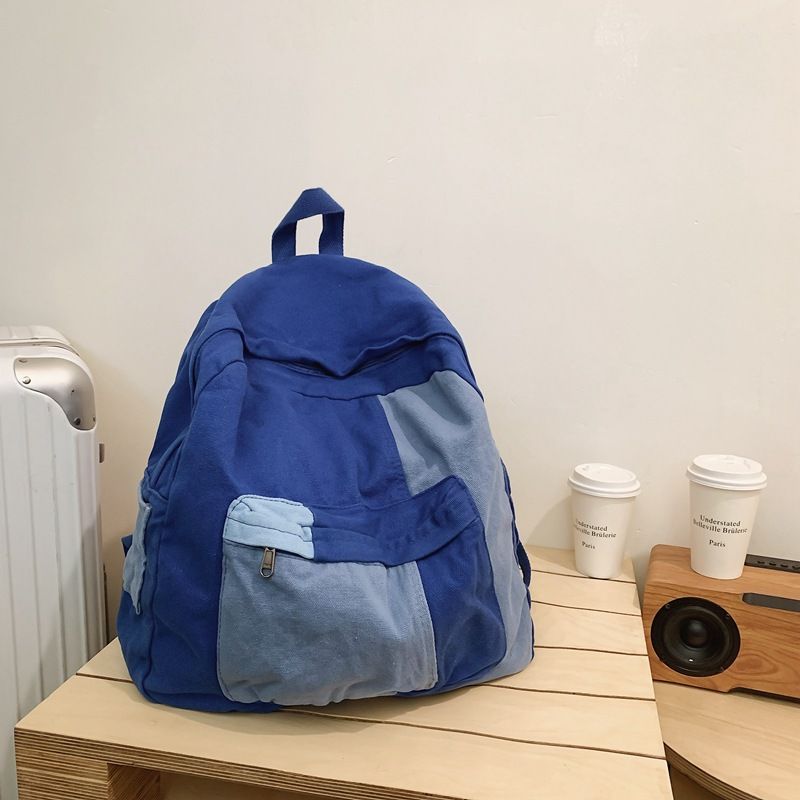 拼色水洗帆布後背包 拼色後背包 男女通用大容量通勤包 簡約多功能背包 上班學生書包