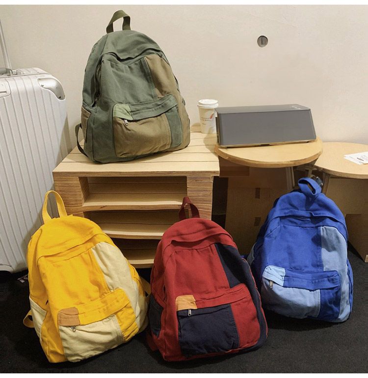 拼色水洗帆布後背包 拼色後背包 男女通用大容量通勤包 簡約多功能背包 上班學生書包