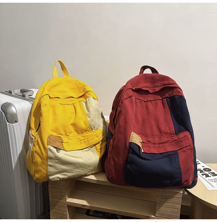 拼色水洗帆布後背包 拼色後背包 男女通用大容量通勤包 簡約多功能背包 上班學生書包