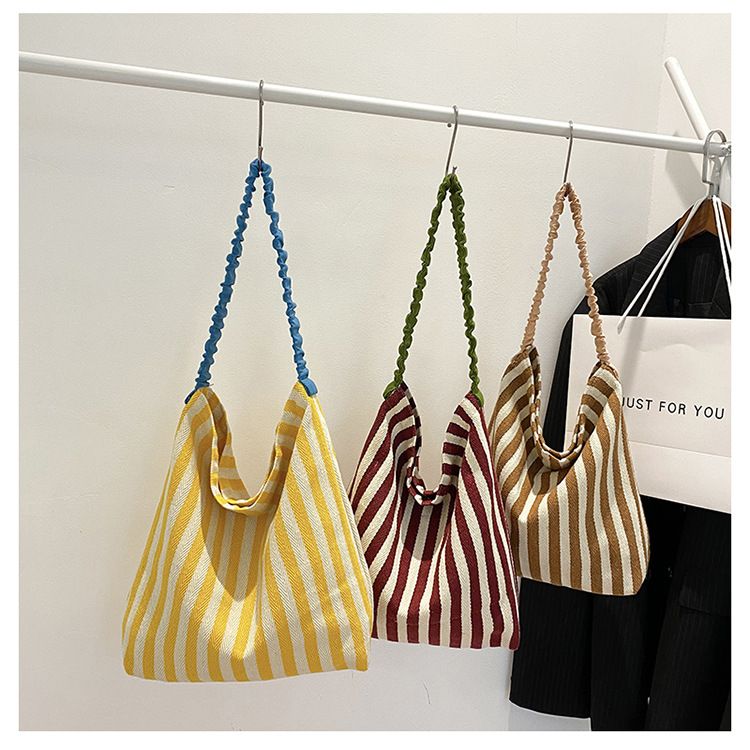 條紋大容量帆布包 單肩托特包 購物包 學生包 女用環保袋 輕便休閒側背包