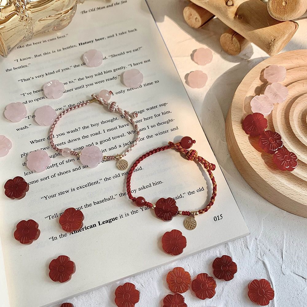 粉晶小桃花紅繩手鍊 手工編織粉水晶手環 硃砂花紅瑪瑙桃花飾品 招桃花手鍊 天然水晶開運飾品