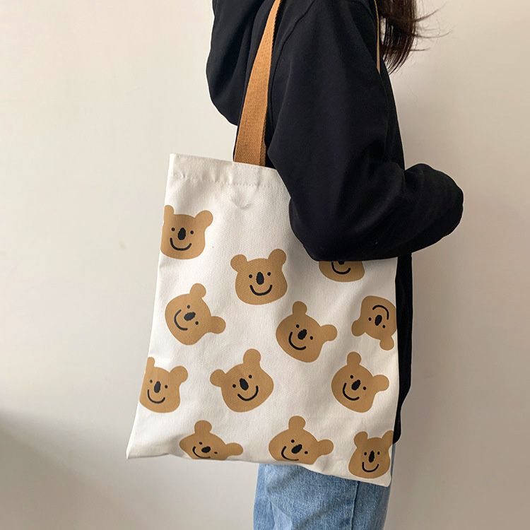 日系小熊可愛帆布袋單肩包 帆布袋 可愛帆布包 帆布包 單肩包 拉鍊購物袋 收納包