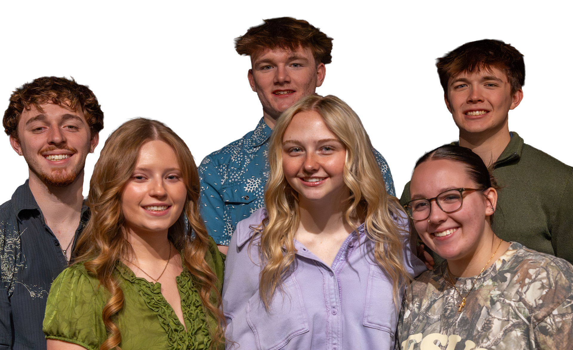 Six smiling people pose together against a white background