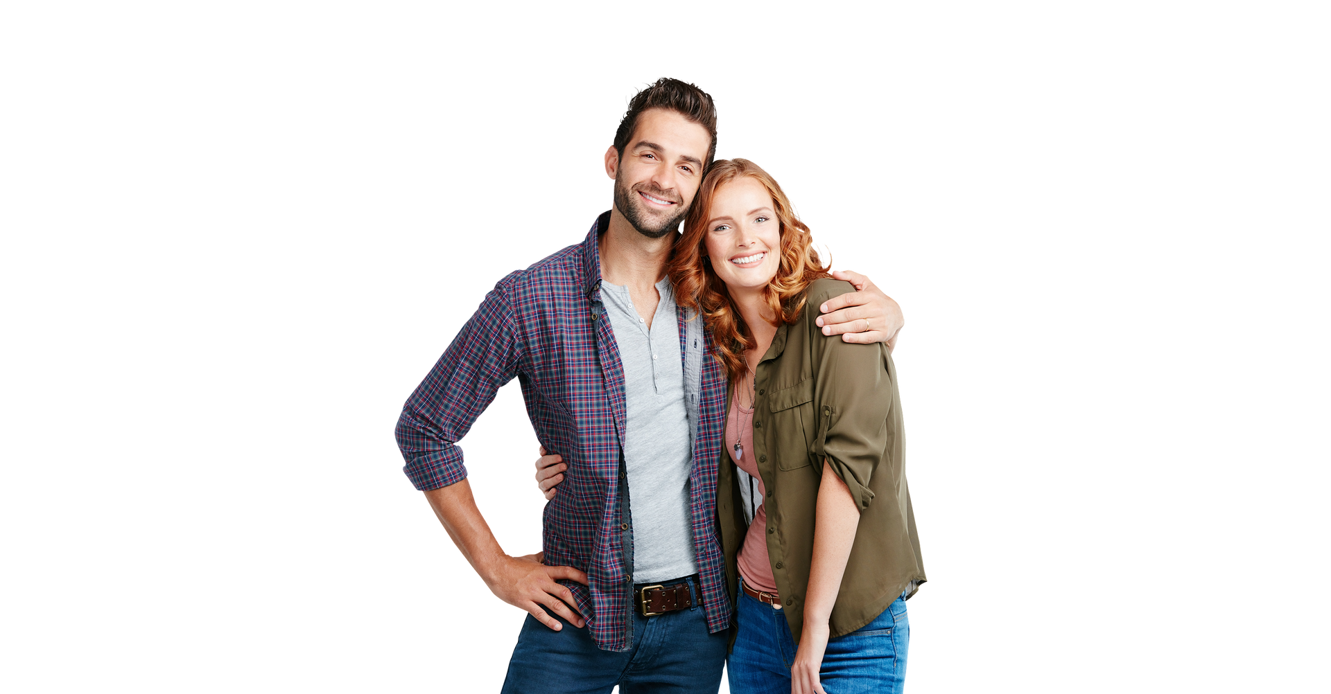 Two smiling people posing together on a white background, with arms around each other.
