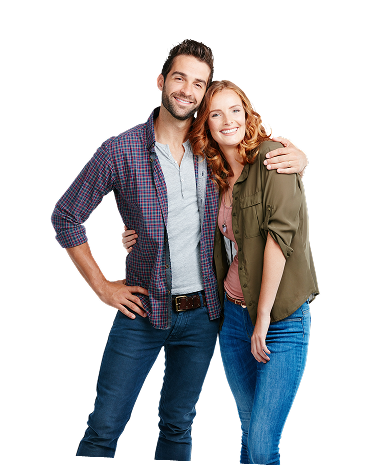 Two smiling people posing together on a white background, with arms around each other.