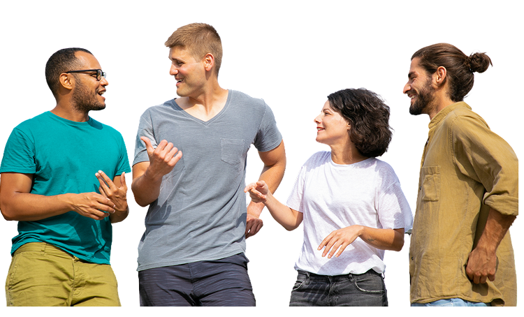 Four friends smiling and chatting casually, standing together against a white background.