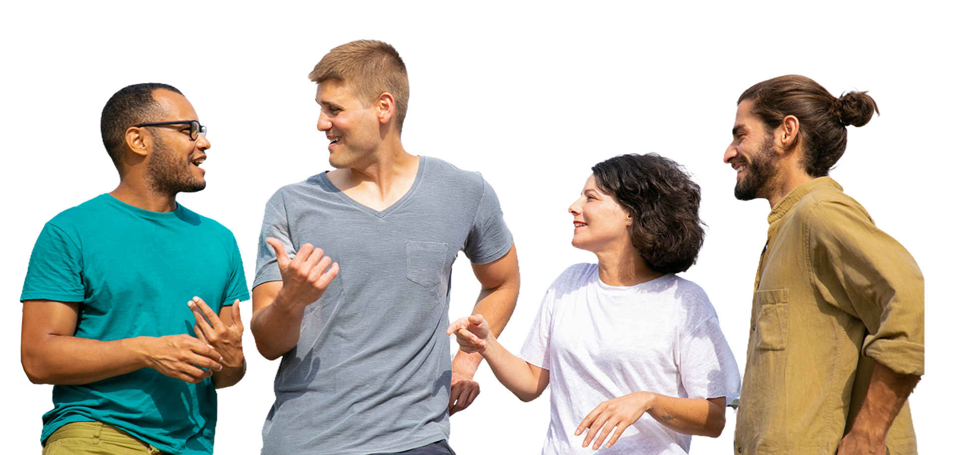 Four people talking and smiling in a casual group conversation on a white background