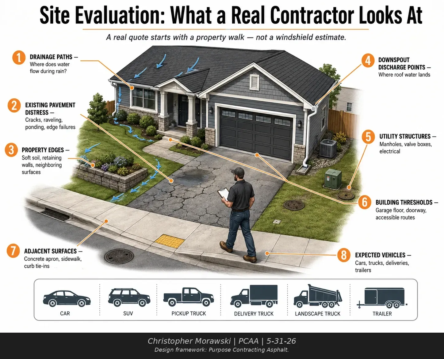 Residential asphalt site evaluation in Waukesha County showing drainage, pavement damage, property edges, downspouts, utilities, garage thresholds, and expected vehicles.