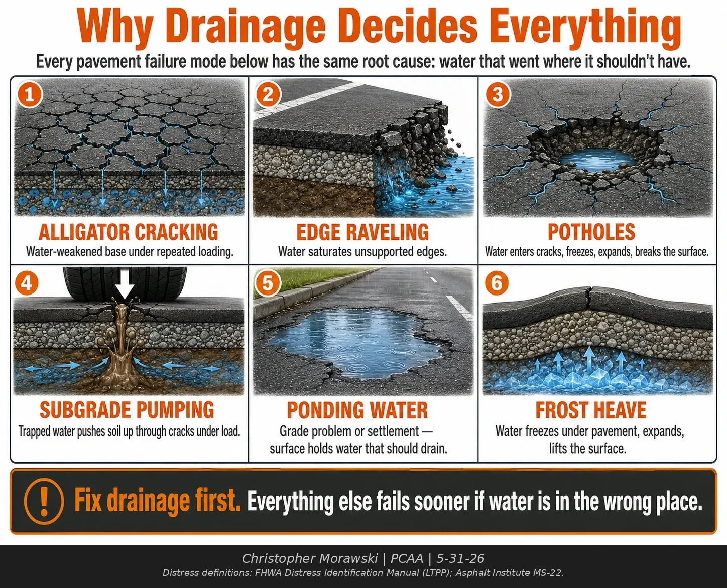 Asphalt drainage failure guide for Racine and Kenosha properties showing alligator cracking, edge raveling, potholes, subgrade pumping, ponding water, and frost heave.