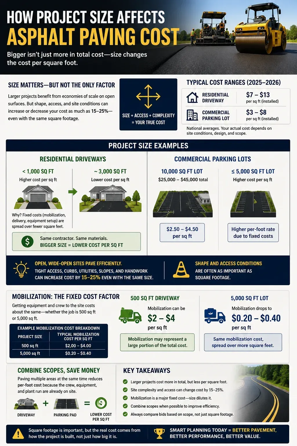 Infographic showing how project size affects asphalt paving cost per square foot — larger projects benefit from economies of scale with lower per-sq-ft rates, with cost examples ranging from small 500 sq ft driveways to 10,000+ sq ft commercial lots, and mobilization as a fixed cost that decreases per-foot on bigger jobs.
↑ click to copy