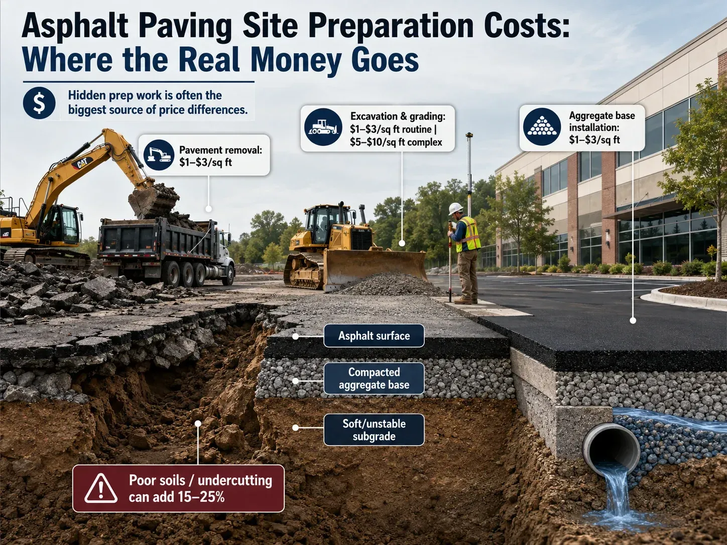 Cross-section cutaway infographic showing asphalt paving site preparation costs — pavement removal at $1–$3 per sq ft, excavation and grading at $1–$3 per sq ft routine or $5–$10 per sq ft for complex sites, and aggregate base installation at $1–$3 per sq ft — with a warning that poor soils and undercutting can add 15–25% to total project cost.