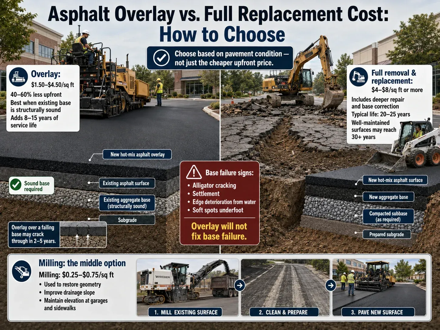 Side-by-side infographic comparing asphalt overlay versus full removal and replacement — overlay at $1.50–$4.50 per sq ft versus full replacement at $4–$8 per sq ft or more — with cross-section diagrams, milling option at $0.25–$0.75 per sq ft, base failure warning signs including alligator cracking and soft spots, and a note that overlay will not fix base failure.