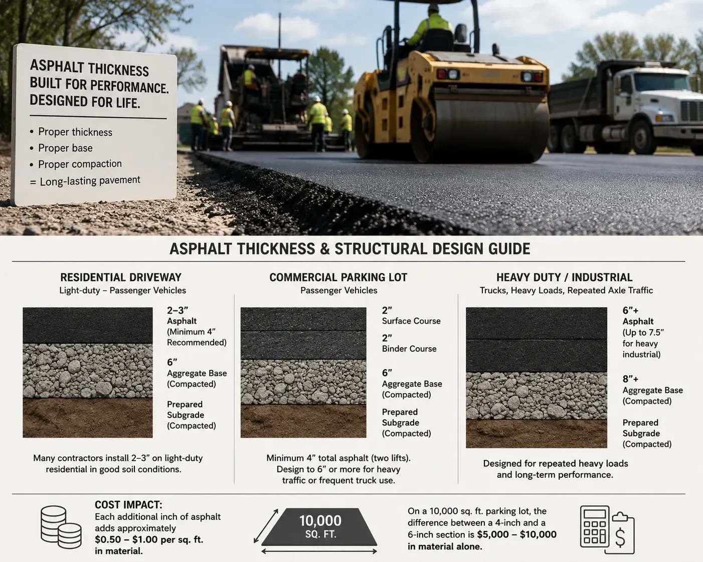 tructural design guide infographic comparing asphalt thickness requirements — residential driveways at 2–3 inches, commercial parking lots at minimum 4 inches total, and heavy-duty industrial surfaces at 6 inches or more — with cost impact showing each additional inch of asphalt adds $0.50–$1.00 per sq ft, and on a 10,000 sq ft lot the difference between 4-inch and 6-inch design is $3,000–$10,000.