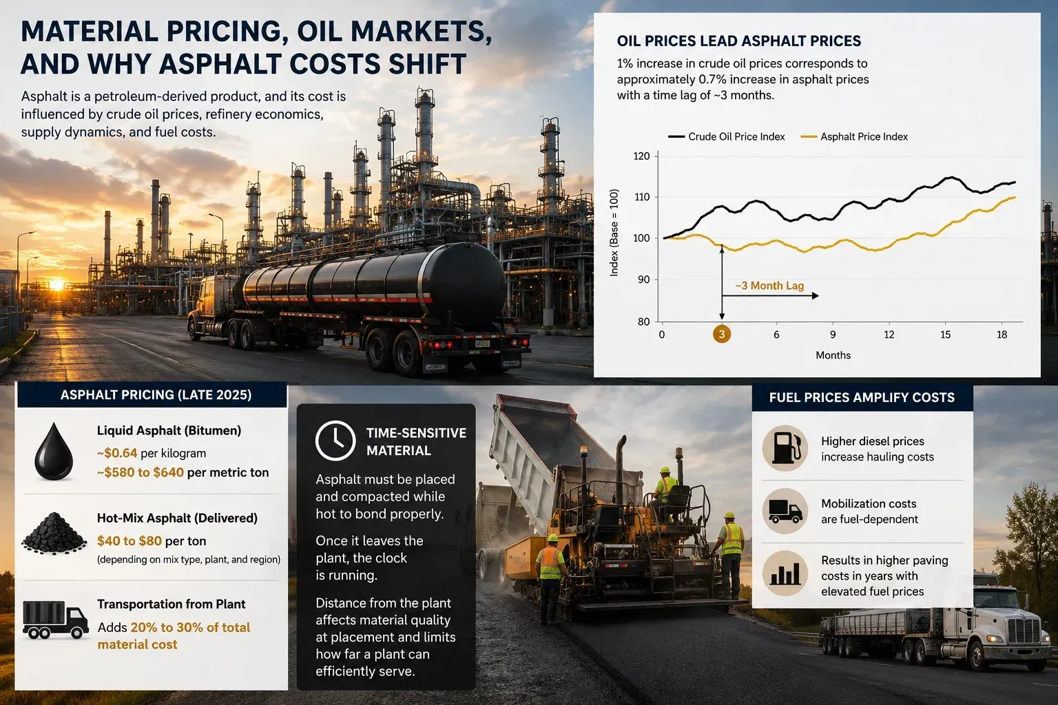 Infographic explaining how oil markets drive asphalt paving costs — showing liquid asphalt bitumen at $0.54–$0.84 per kilogram, hot-mix asphalt delivered at $40–$80 per ton, transportation adding 20–30% of total material cost, and a chart illustrating how a 1% increase in crude oil prices corresponds to approximately 0.7% increase in asphalt prices within 2–3 months.