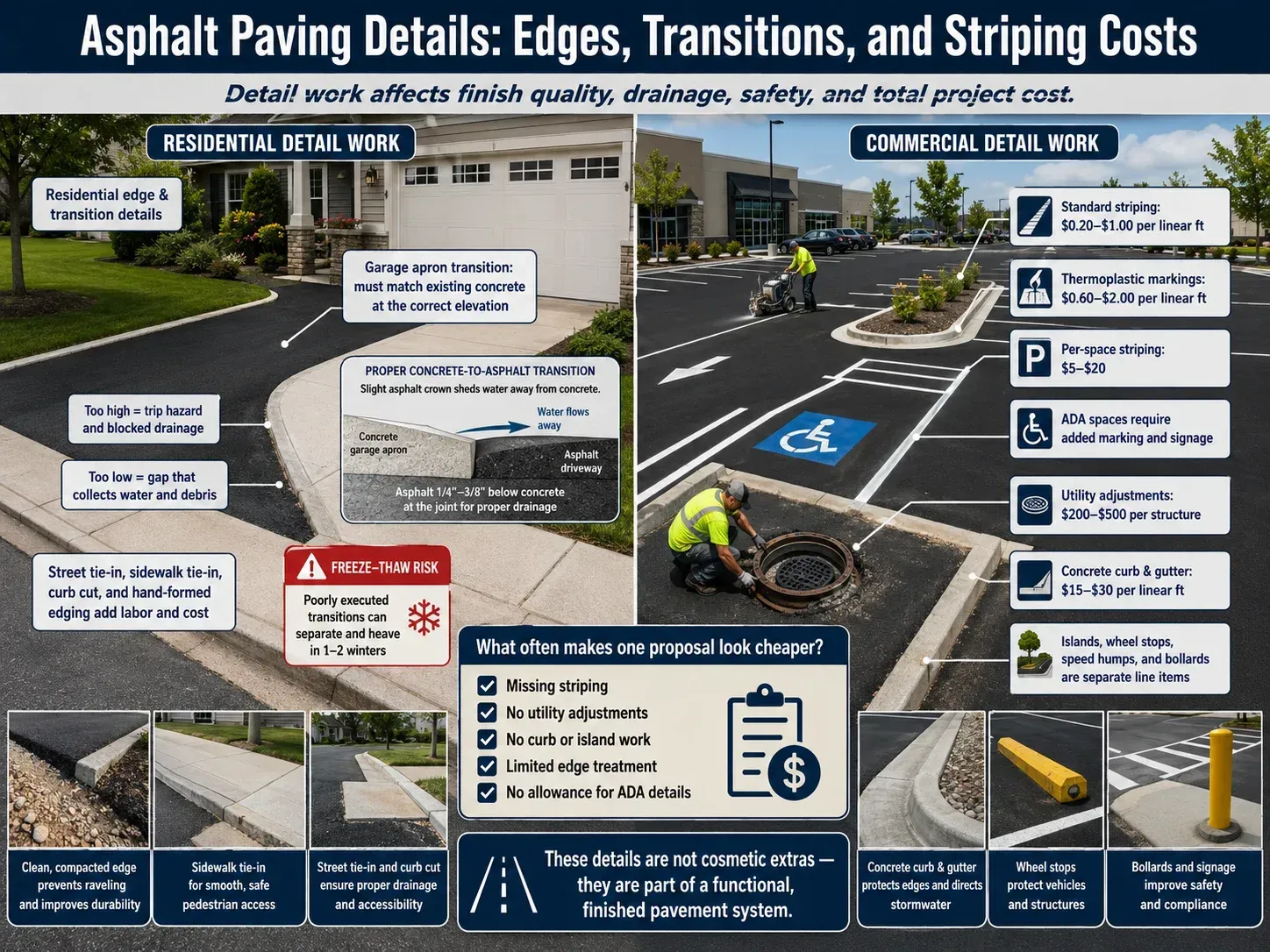 Detailed infographic on asphalt paving edge work, garage apron concrete-to-asphalt transitions, and parking lot striping costs — standard striping at $0.20–$1.00 per linear foot, thermoplastic markings at $0.60–$2.00 per linear foot, per-space striping at $15–$20, ADA space markings and signage, utility adjustments at $200–$500 per structure, freeze-thaw separation risk from poorly executed transitions, and the hidden line items that make one proposal appear cheaper than another.