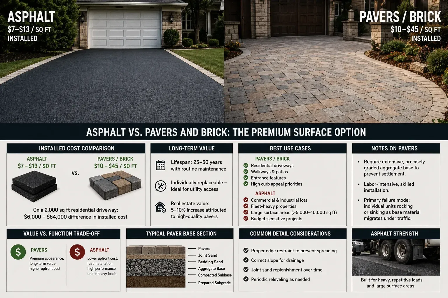 Cost comparison infographic for asphalt versus pavers and brick on residential driveways — asphalt at $7–$13 per sq ft installed versus pavers and brick at $10–$45 per sq ft — covering 20–25 year service life for both materials with maintenance, best use cases, value-versus-function trade-offs, and asphalt's structural advantage for heavy, repetitive vehicle loads.