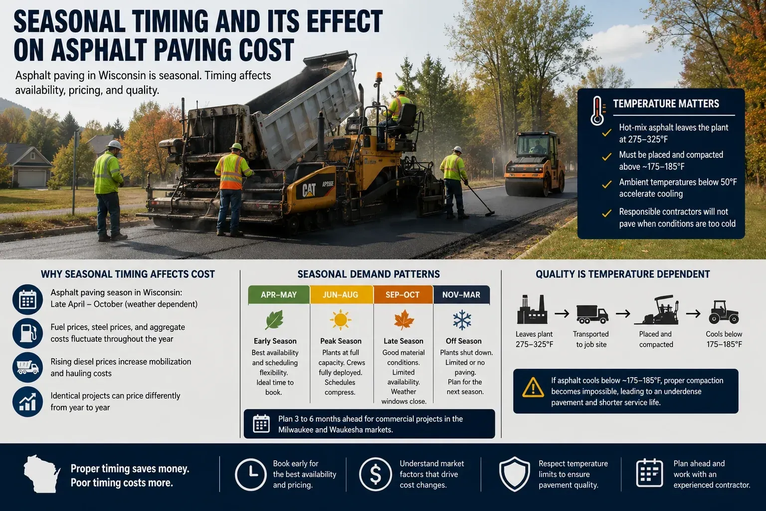 Infographic on seasonal timing and its effect on asphalt paving cost in Wisconsin — covering the late April through October paving season, peak demand June through August when plants are fully deployed, temperature requirements of 175–185°F for proper hot-mix placement and compaction, planning lead times of 4–8 weeks for residential projects and 6–12 weeks for commercial, and why poor timing results in quality compromise and higher cost.