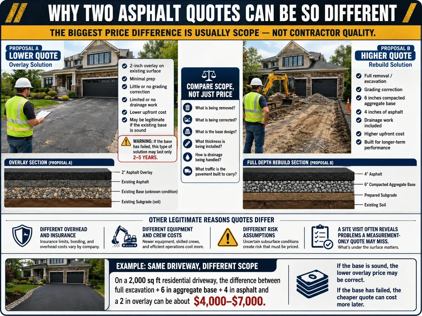 Infographic explaining why two asphalt paving quotes for the same property differ significantly — comparing a lower-priced overlay solution versus a full removal and rebuild at higher cost, with cross-section diagrams of each option and a real example showing that on a 2,000 sq ft residential driveway the difference between a 2-inch overlay and full excavation with 6 inches of aggregate base plus 4 inches of asphalt can be $4,000–$7,000.