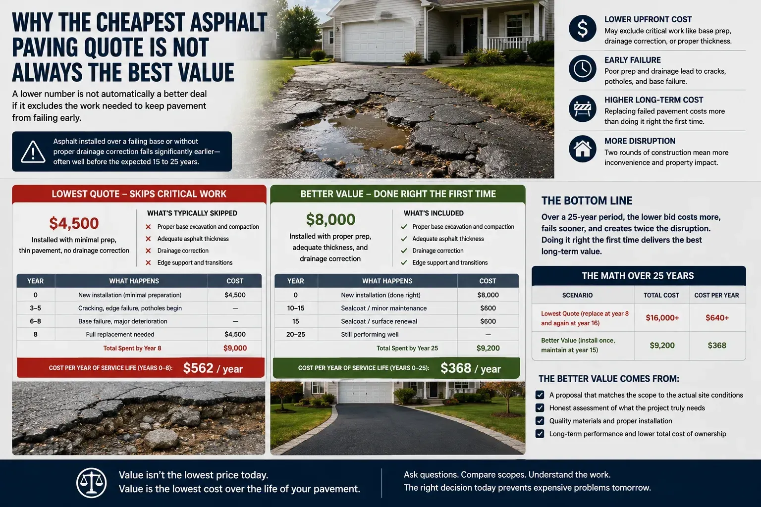 Cost analysis infographic showing why the cheapest asphalt paving quote is not the best value — a $4,500 lowest quote installed on a failing base without drainage correction fails in 2–5 years at $562 per year of service life, compared to an $8,000 quality installation that lasts 20–25 years at $368 per year — with a bottom line message that value is the lowest cost over the life of your pavement.