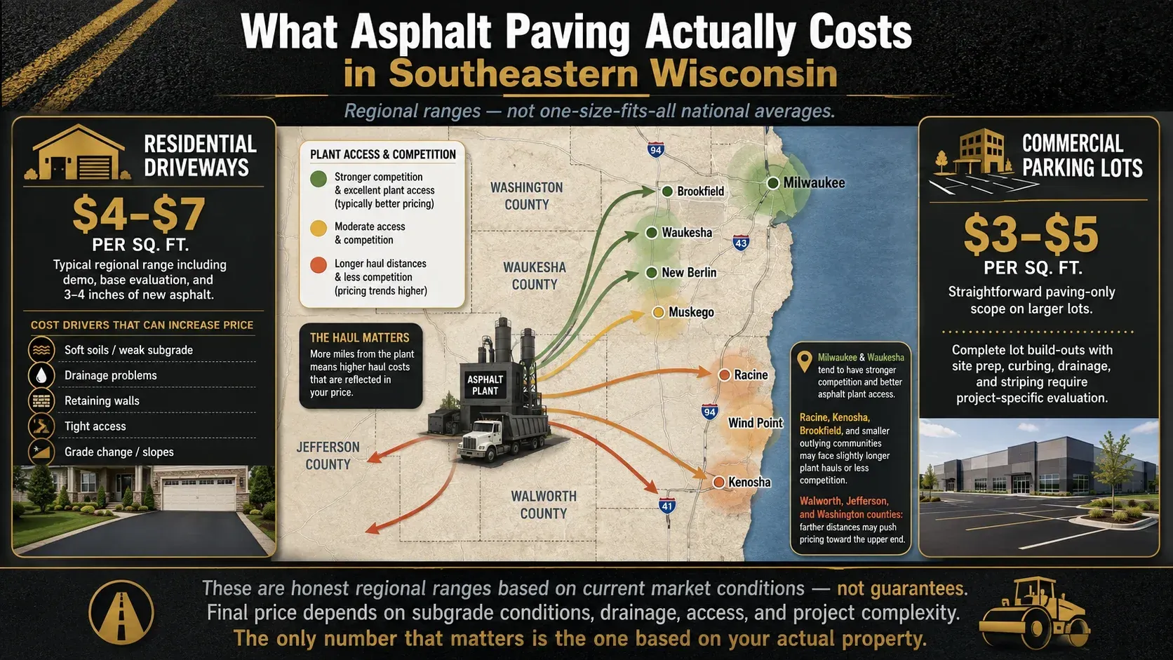 Regional cost map showing what asphalt paving actually costs in Southeastern Wisconsin — residential driveways at $4–$7 per sq ft and commercial parking lots at $3–$5 per sq ft — with a geographic map of Milwaukee, Waukesha, Jefferson, and Walworth counties showing plant access and competition levels for communities including Muskego, Brookfield, New Berlin, Waukesha, Milwaukee, Racine, Kenosha, Wind Point, and Waterford.