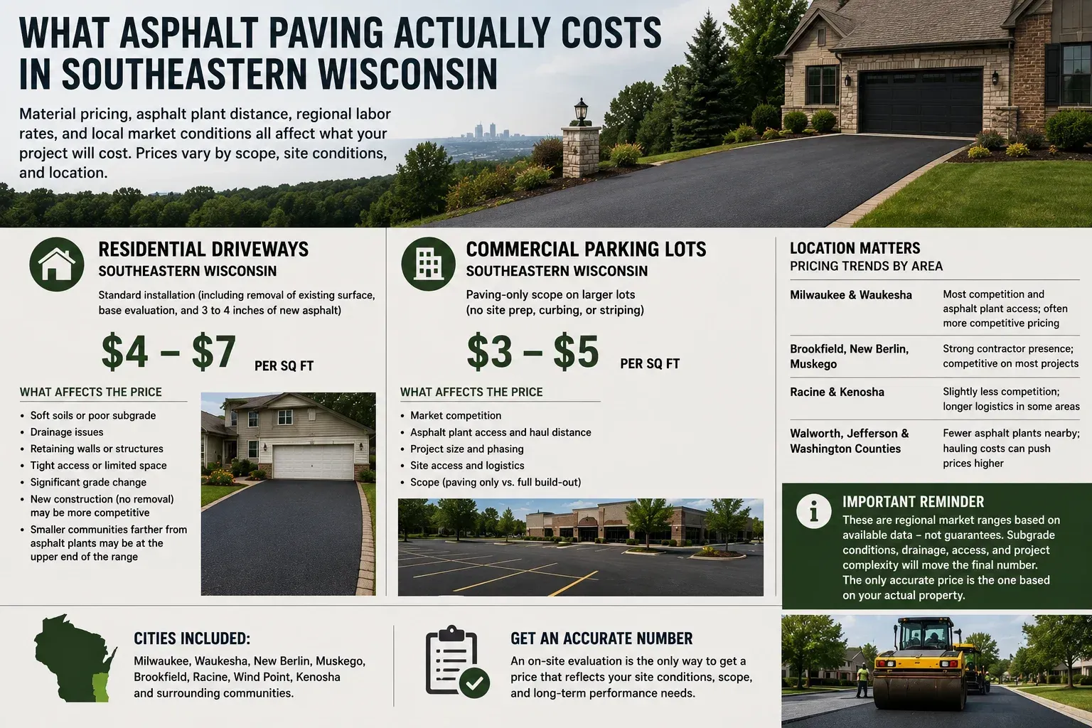 Infographic guide to asphalt paving costs in Southeastern Wisconsin — residential driveways from $4–$7 per sq ft and commercial parking lots from $3–$5 per sq ft, with regional pricing factors for Milwaukee, Waukesha, Racine, Kenosha, Jefferson, and Washington counties, cities served including Milwaukee, Waukesha, New Berlin, Muskego, Racine, and Kenosha, and a reminder that these are honest regional ranges based on current market conditions, not guarantees.
