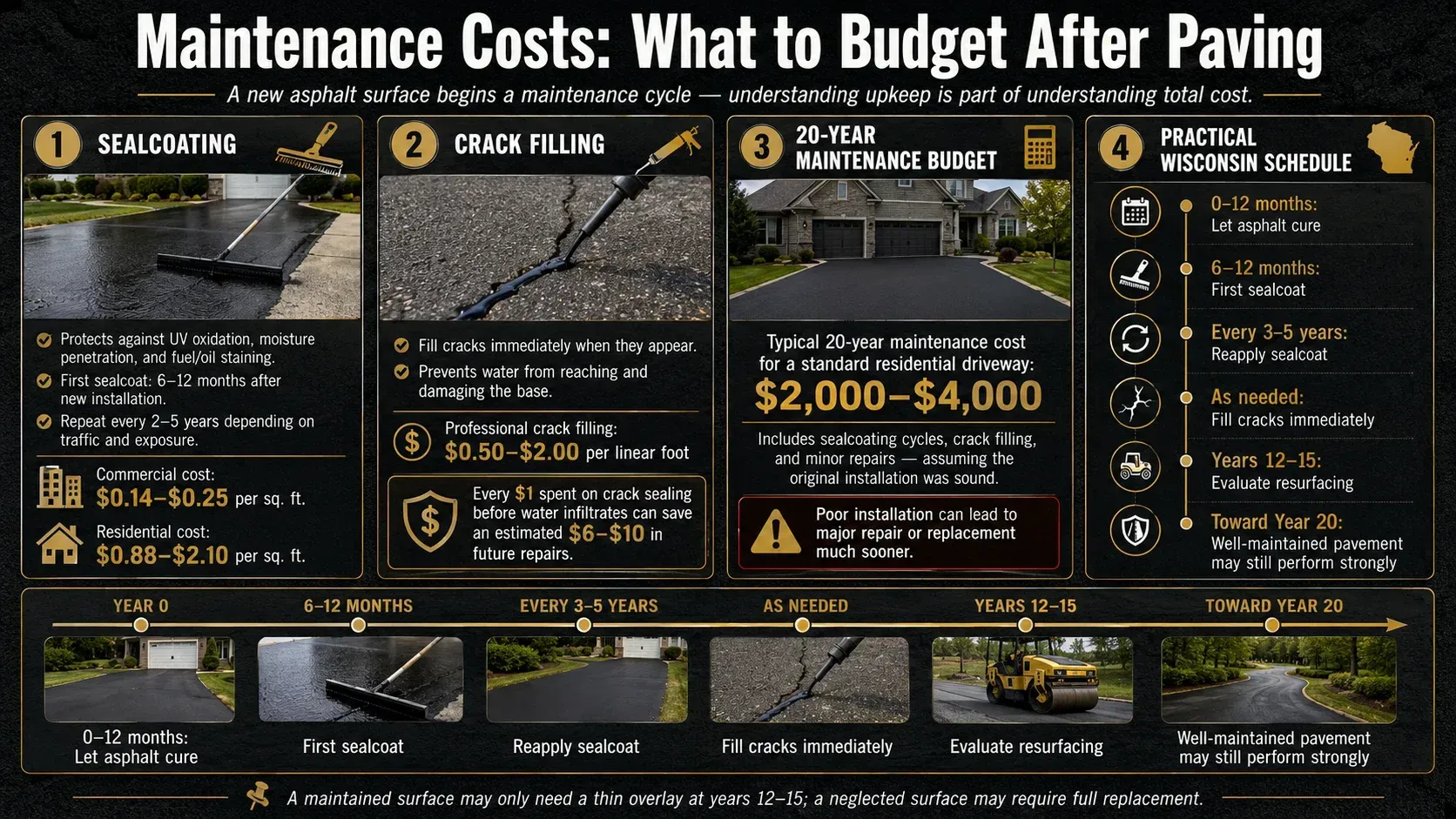 Infographic detailing asphalt maintenance costs after paving — sealcoating at $0.14–$0.25 per sq ft commercial and $0.88–$2.10 per sq ft residential, professional crack filling at $0.50–$2.00 per linear foot, 20-year maintenance budget of $2,000–$4,000 for a standard residential driveway, and a practical Wisconsin maintenance schedule covering initial cure at 0–12 months, first sealcoat at 6–12 months, reapplication every 3–5 years, and resurfacing evaluation at years 12–15.