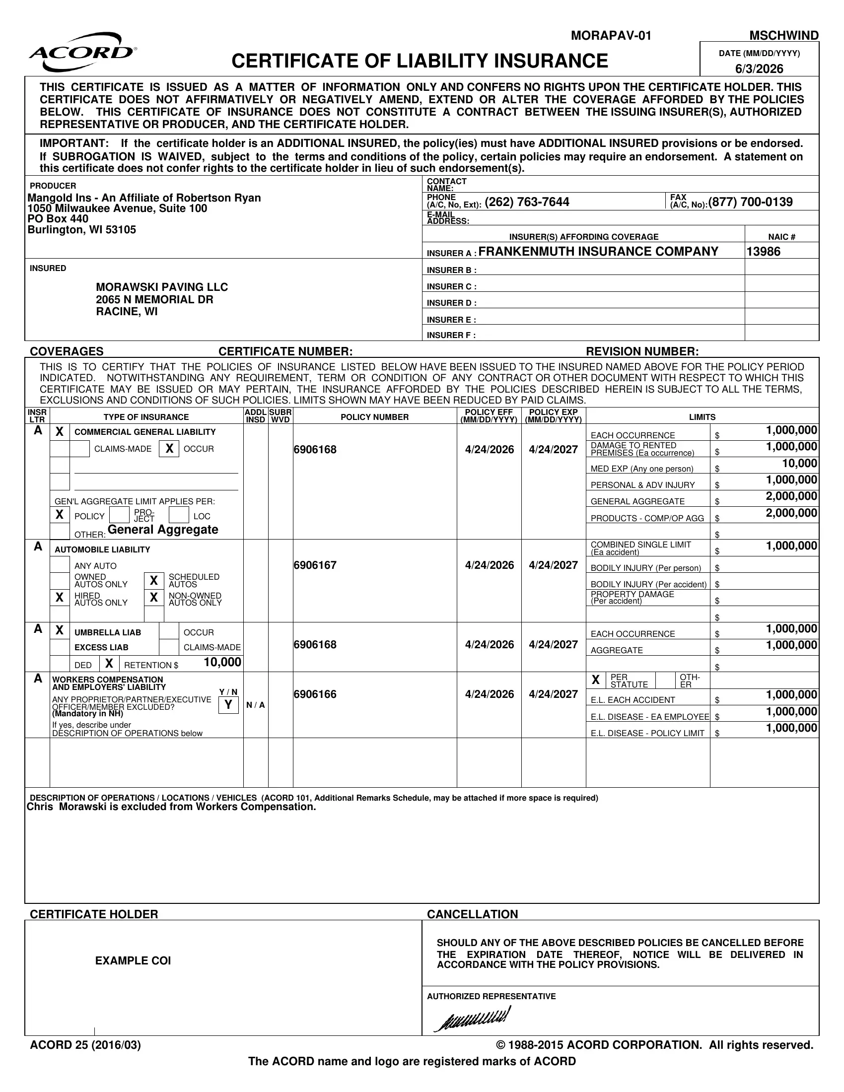 Certificate of Liability Insurance for Purpose Contracting Asphalt, issued June 2026