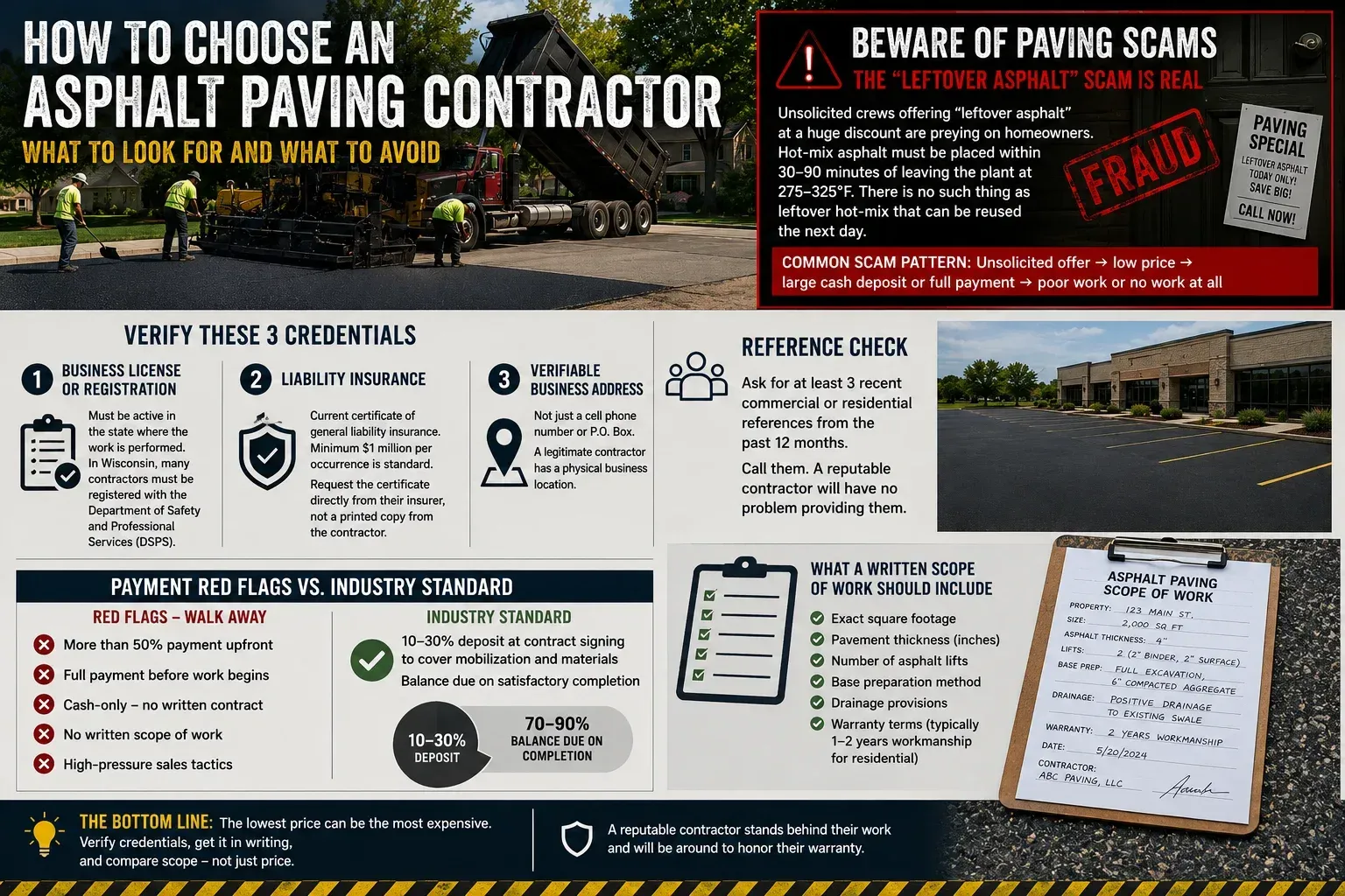 Consumer guide infographic on how to choose an asphalt paving contractor and avoid scams — three credentials to verify including business license or registration, current general liability insurance certificate from the insurer, and verifiable physical address — payment red flags versus industry standard of 10–30% deposit at signing and 70–90% balance due on completion — leftover asphalt scam warning noting hot-mix must be placed within 30–90 minutes of leaving the plant — and what a proper written scope of work should include.