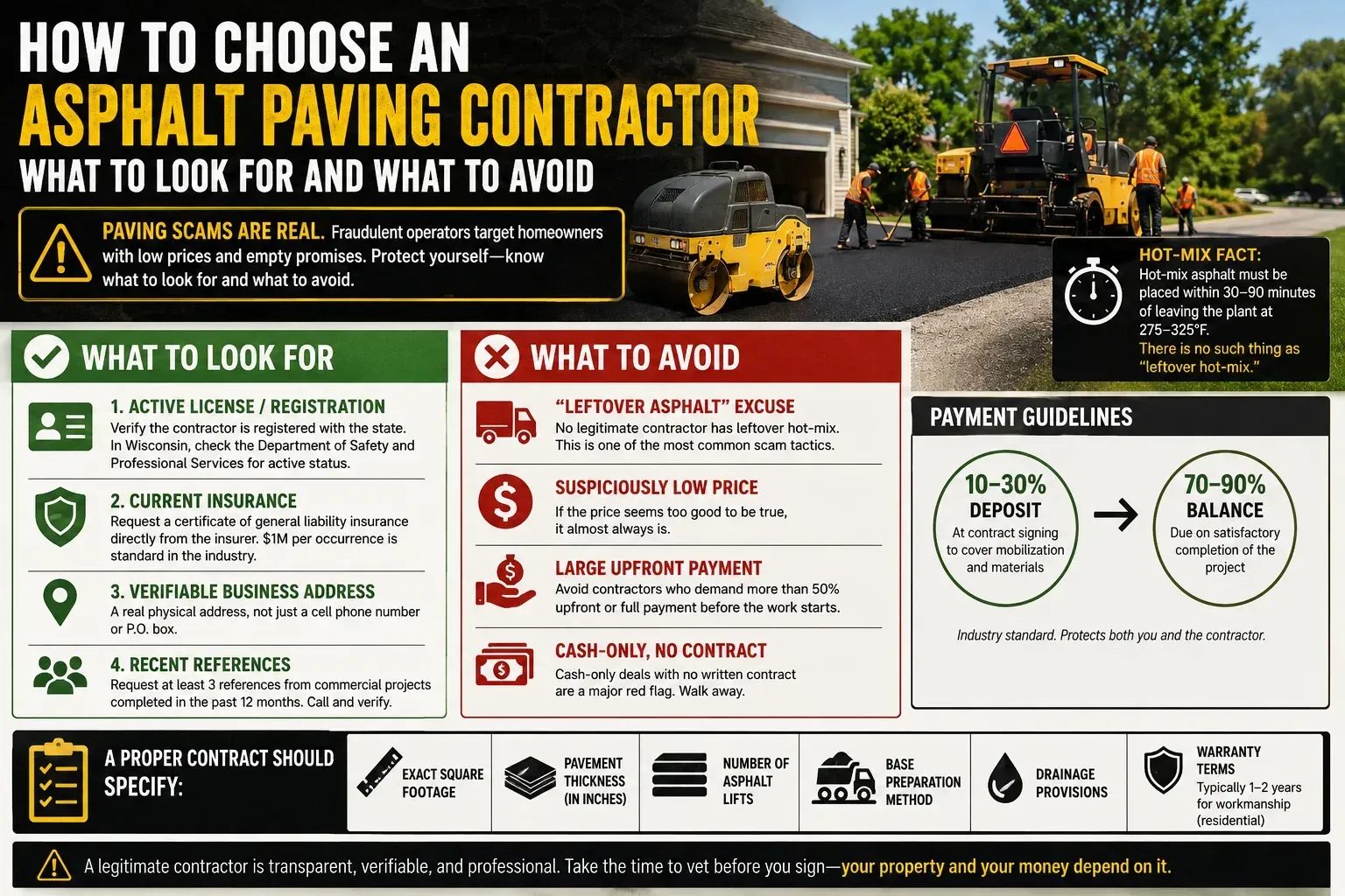 Checklist infographic for choosing an asphalt paving contractor — what to look for including active license and registration, current general liability insurance at minimum $1 million per occurrence with certificate from the insurer, a verifiable physical business address, and recent local references from commercial or residential projects in the past 12 months — versus what to avoid including the leftover asphalt excuse, suspiciously low pricing, large upfront payment demands, and cash-only contracts with no written scope.