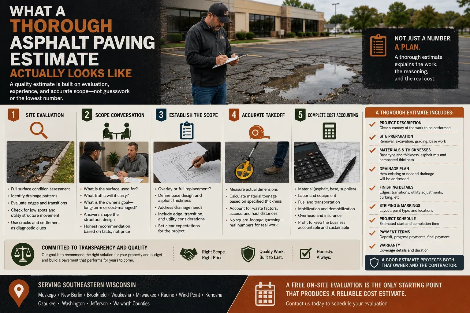 Infographic from Purpose Contracting Asphalt showing what a thorough asphalt paving estimate actually looks like — a five-step process from site evaluation through complete cost accounting — with a list of nine elements every proper estimate should include: project description, site preparation method, materials and compacted thicknesses, drainage plan, finishing details, striping and markings, project schedule, payment terms, and warranty — serving Muskego, New Berlin, Brookfield, Waukesha, Milwaukee, Racine, Wind Point, and Kenosha.