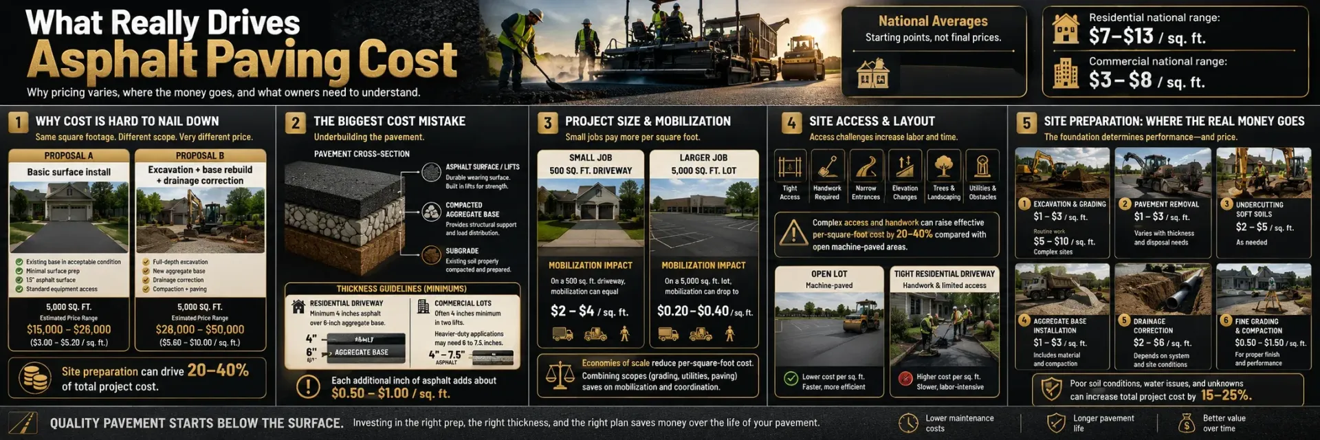Wide-format banner infographic summarizing the five key drivers of asphalt paving cost — why pricing is hard to nail down, the biggest cost mistake of underbuilding the pavement system, how project size and mobilization affect per-square-foot cost, site access and layout challenges, and site preparation as 20–40% of total project cost — with national average ranges of $7–$13 per sq ft for residential driveways and $3–$8 per sq ft for commercial parking lots.
