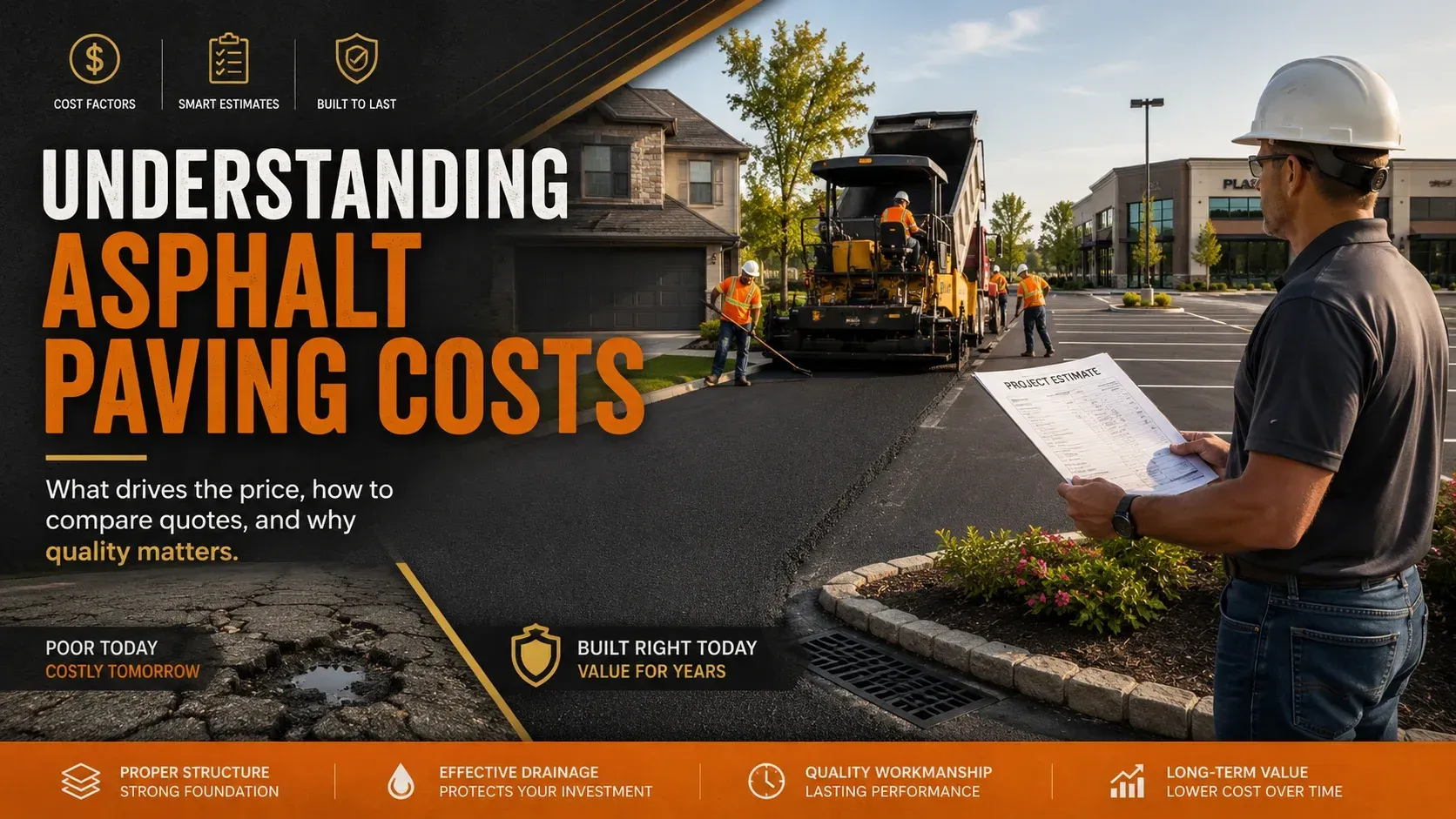 Asphalt paving experts are completing a pavement job for residential and commercial use. The clear project estimate is out for display after an honest estimate.