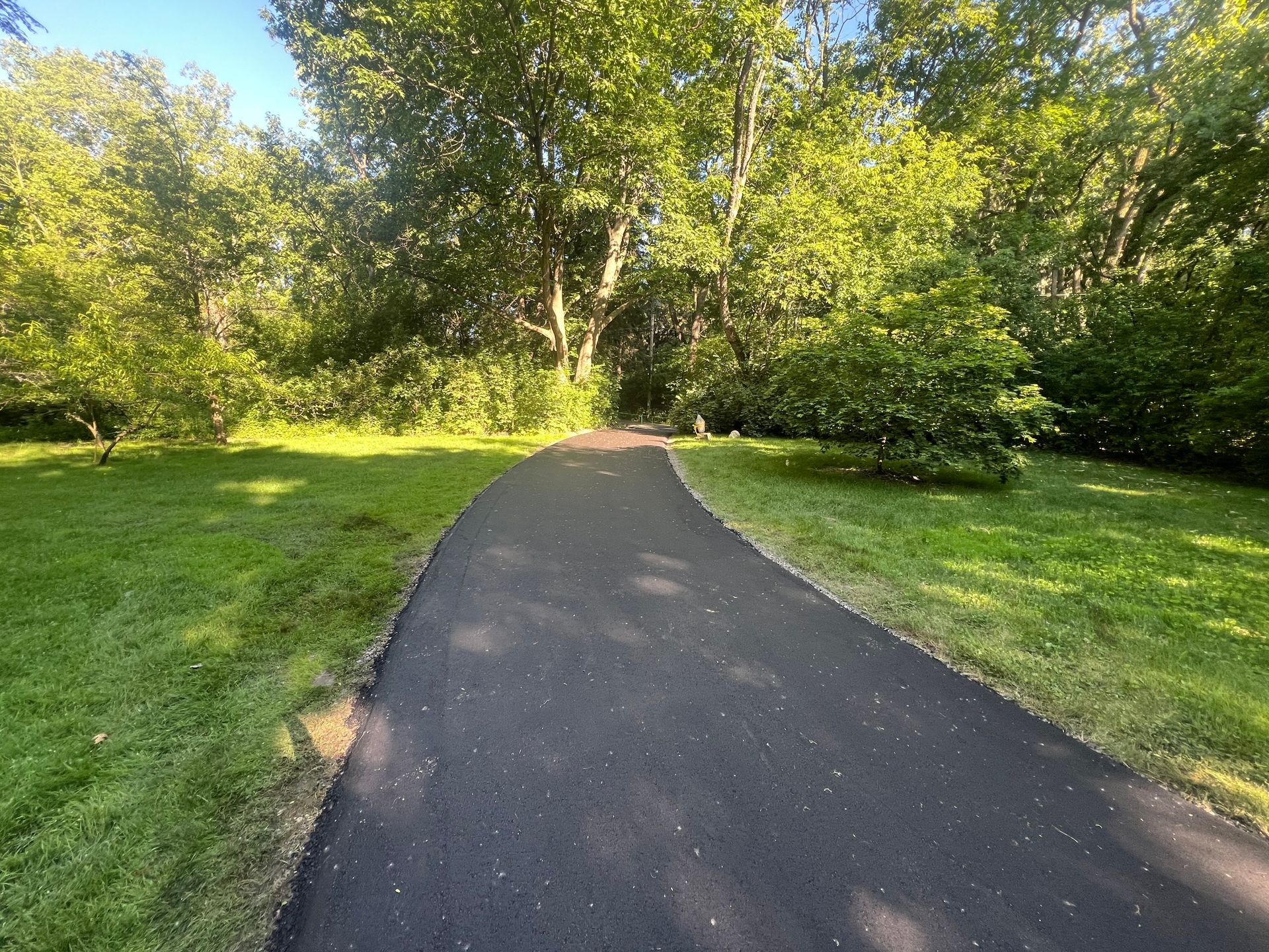 Paved path curving through a sunlit green park with dense trees and grass