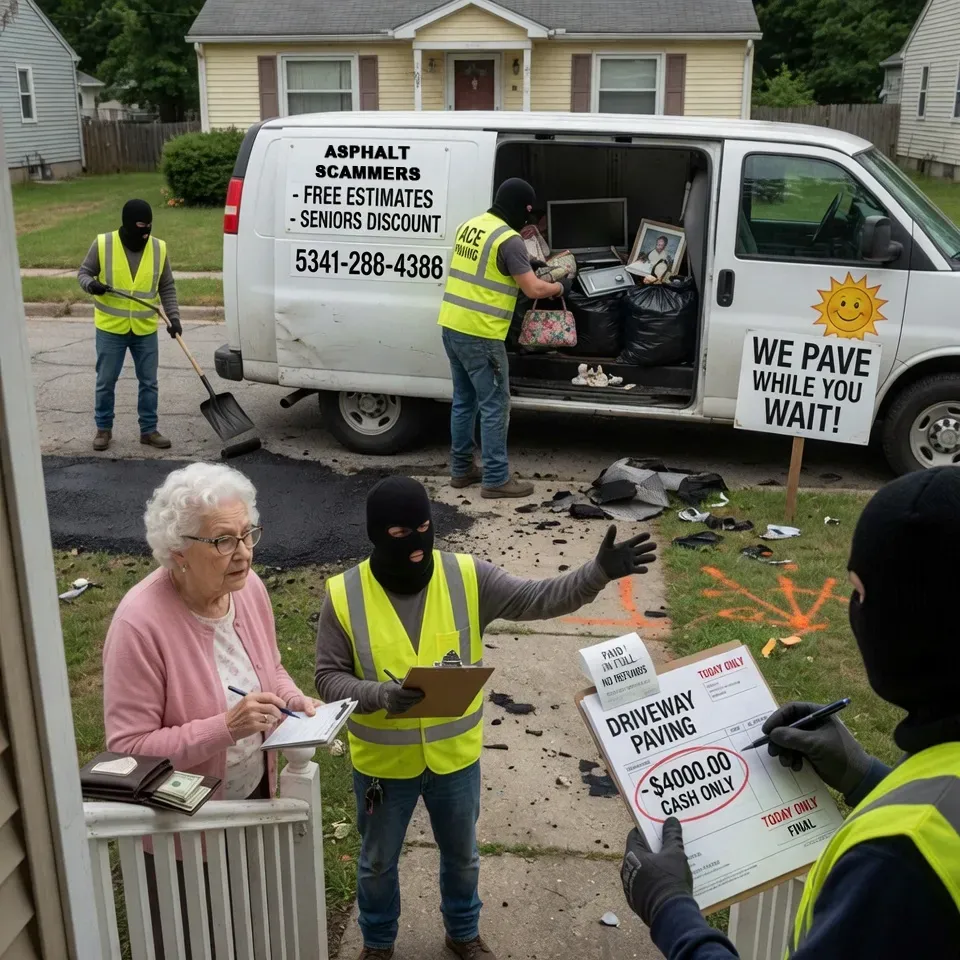 Asphalt scammers are doing a bad job of paving a driveway and stealing from an elderly woman. The asphalt scammers want cash only and are charging way too much.