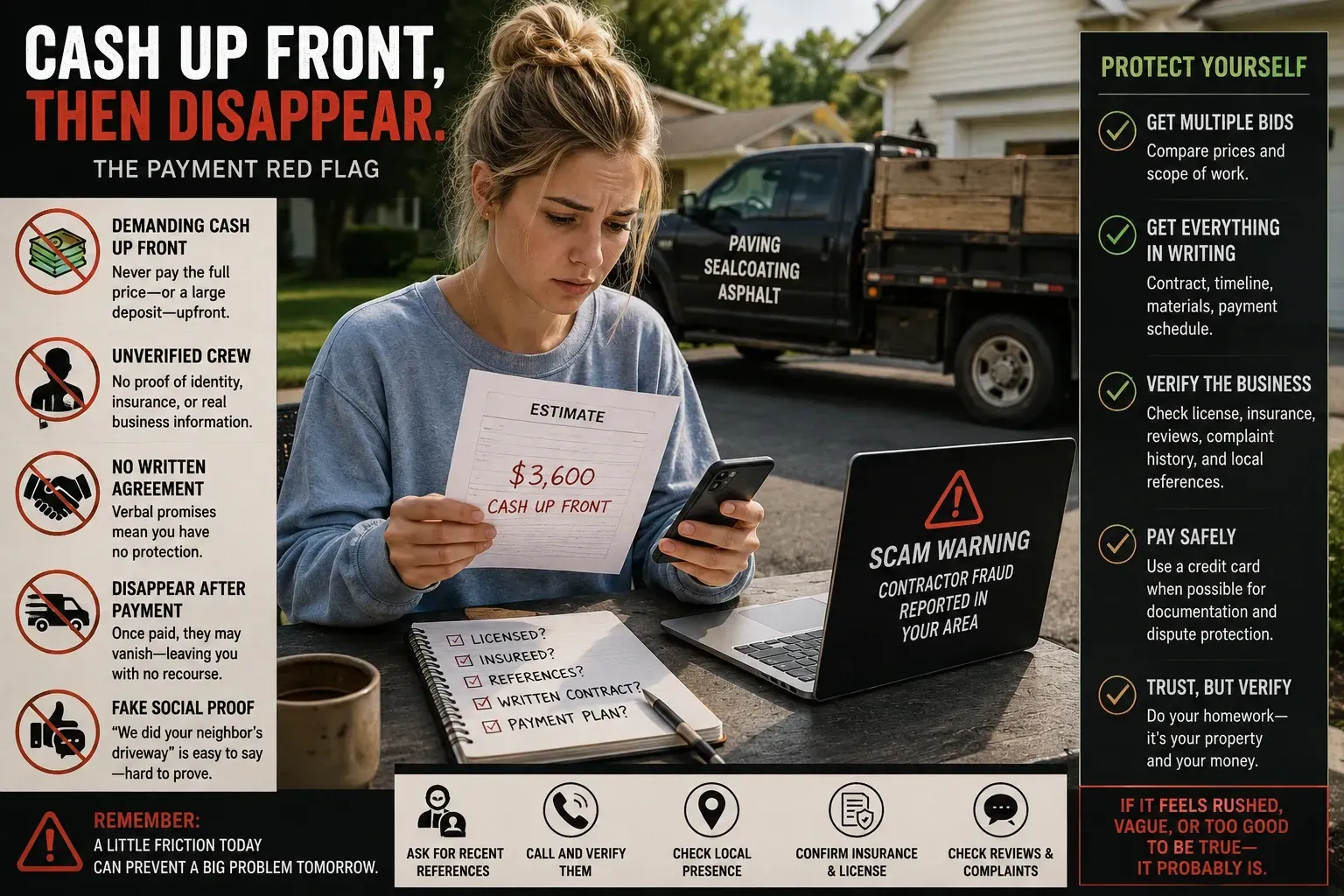 Infographic: cash up front then disappear — payment red flags of asphalt paving scams and 5 ways to protect yourself