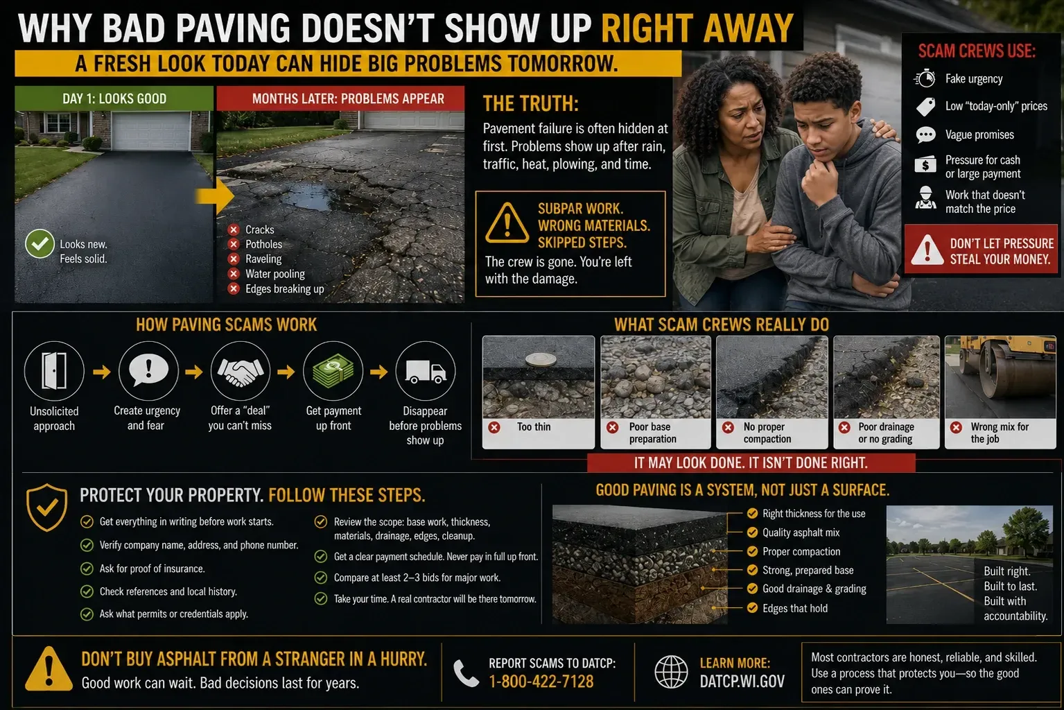Infographic: fresh asphalt can hide poor base prep and wrong materials — signs of scam paving that appear after rain and weather