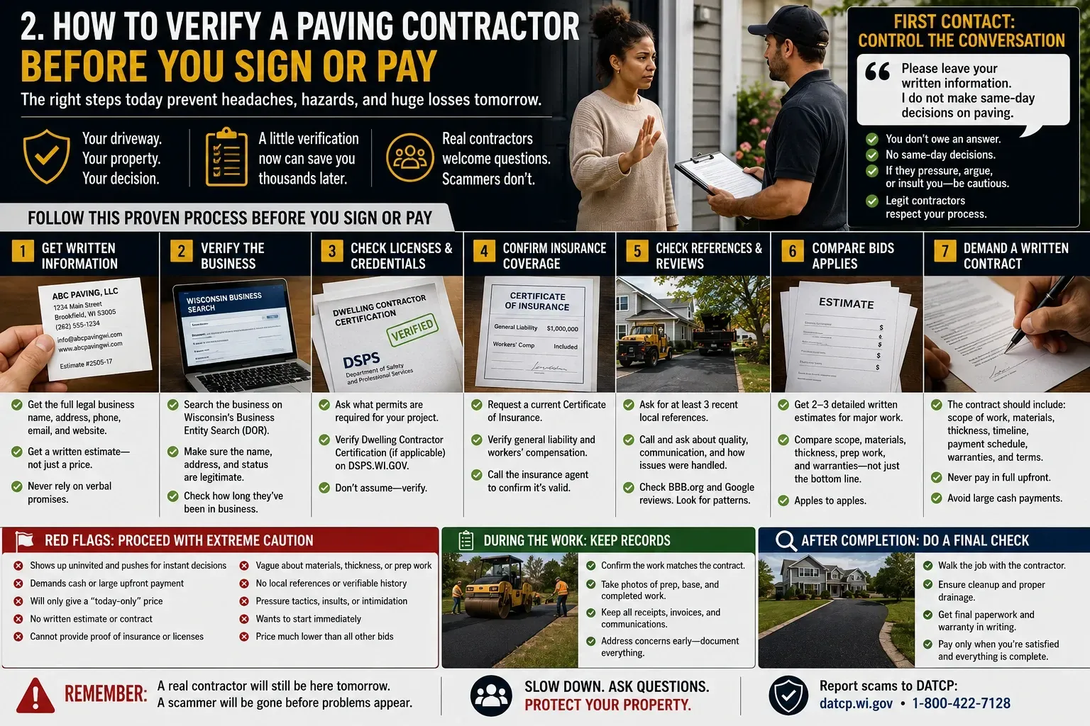 Infographic: 7 steps to verify a paving contractor before you sign — written info, licenses, insurance, references, compare bids