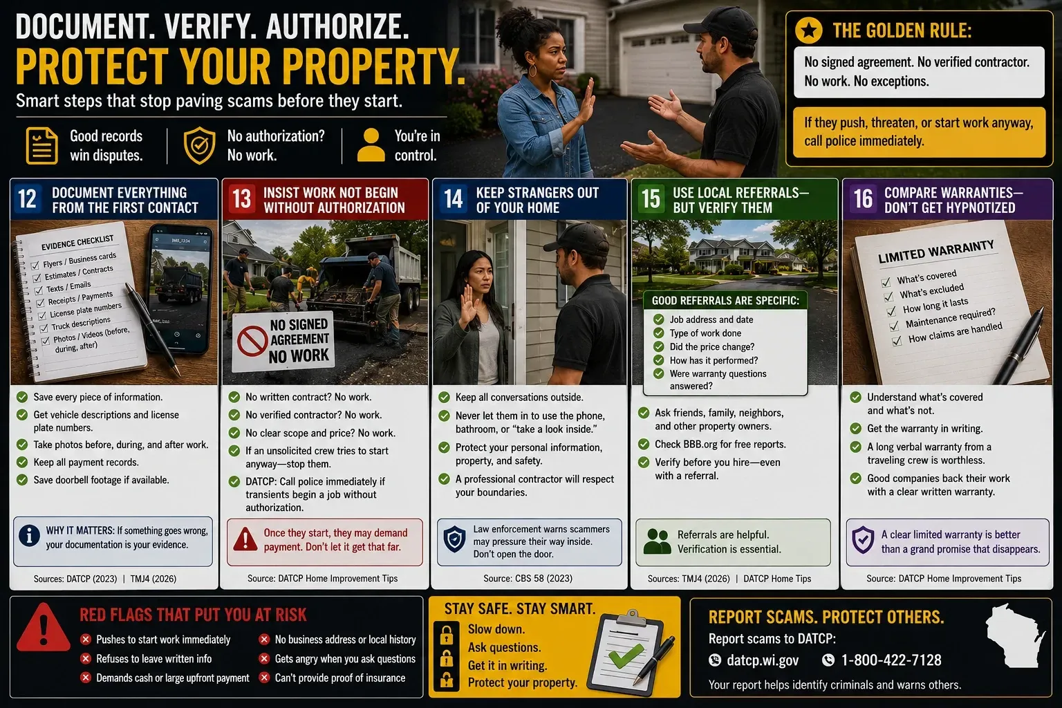 Infographic: document everything, require written authorization before work begins, keep strangers out — steps 12–16 to stop paving scams
